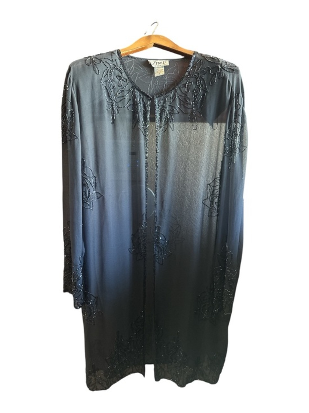 Vintage Embroidered Beaded Black Sheer Duster Long Length Cardigan Glamour 1X